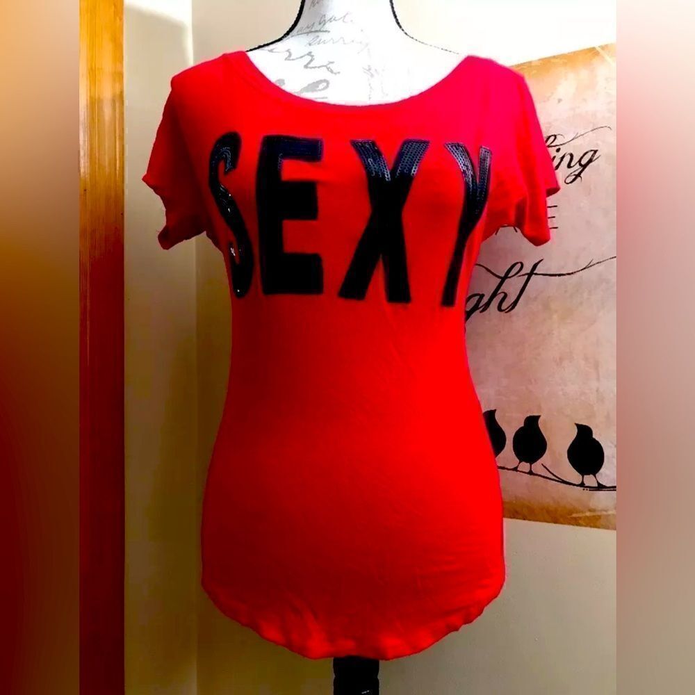 Geri C NY Women's Short Sleeve Red Black SEXY Sequin Short Slv Tee Top - Sz S/M